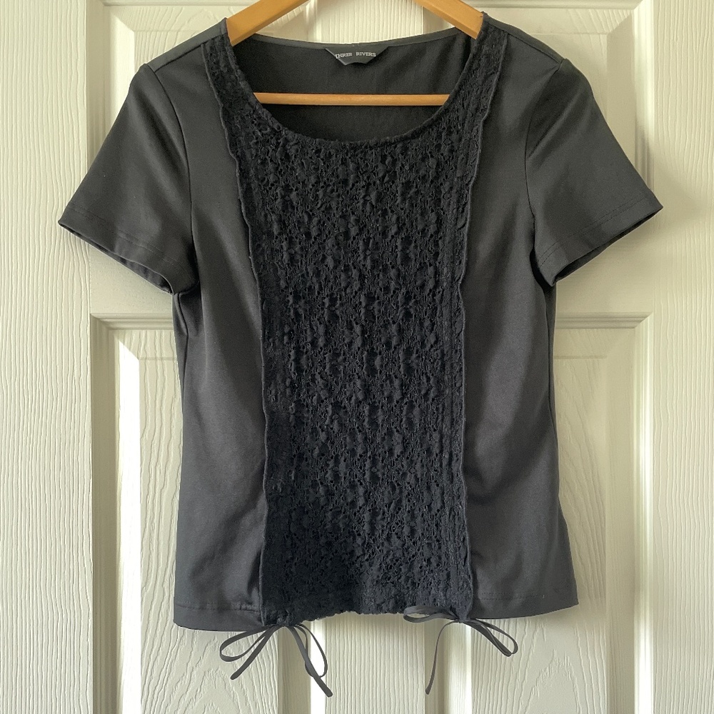 Black Lace Embellished Short Sleeve Top